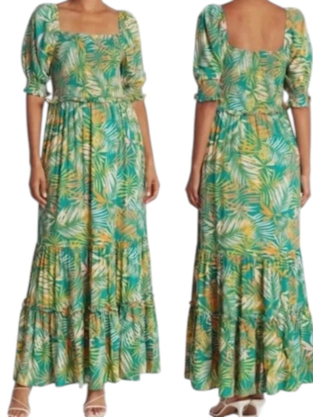 Betsey Johnson Green Tropical Floral Smocked Tiered Maxi Dress